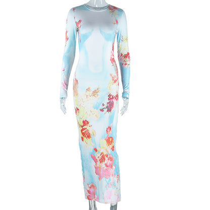 Floral Print Long Sleeve Bodycon Dress Casual Street Style