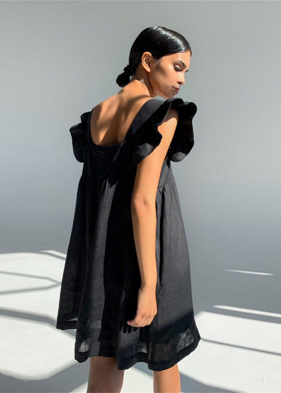 Linen Mini Dress With Flutter Sleeves And Square Neckline