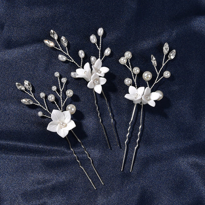 Bridal Wedding Hair Accessories Set of 3 White Floral U-Shaped Hair Pins