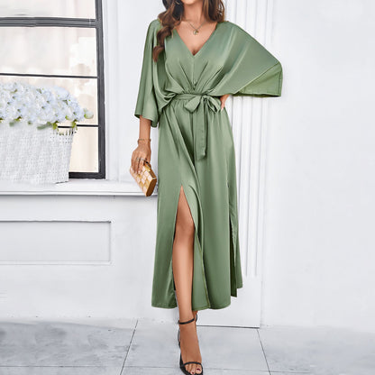Elegant V-Neck Batwing Sleeve Dress Comfortable Casual Midi Dress