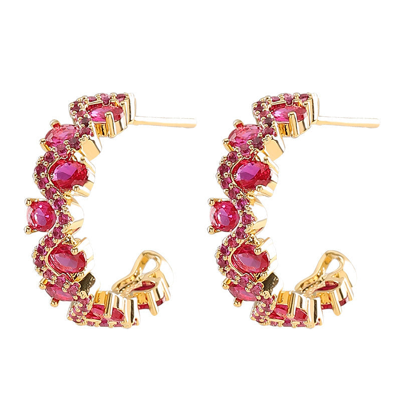 Sparkling Zirconia C-Shaped Hoop Earrings - Silver Needle, Elegant & Minimalist Design