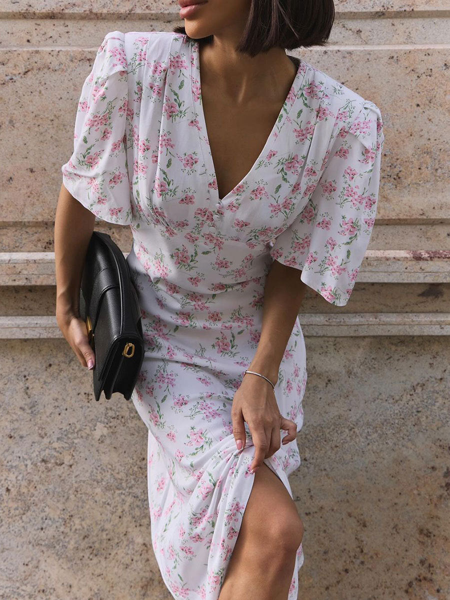 Floral Maxi Dress V-Neck Short Sleeve Elegant Casual