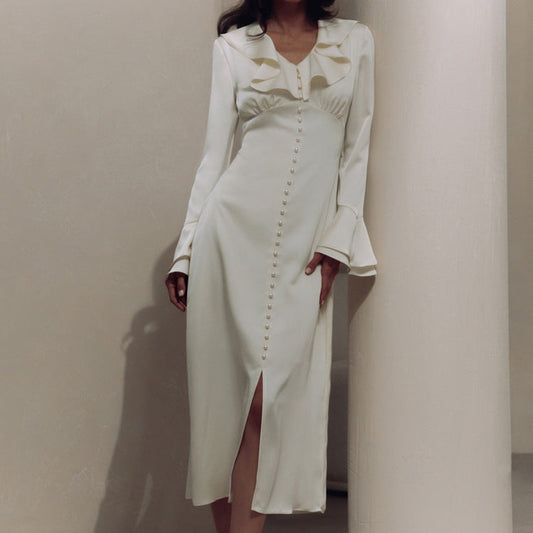 French Style Ruffled V Neck Long Sleeve Dress