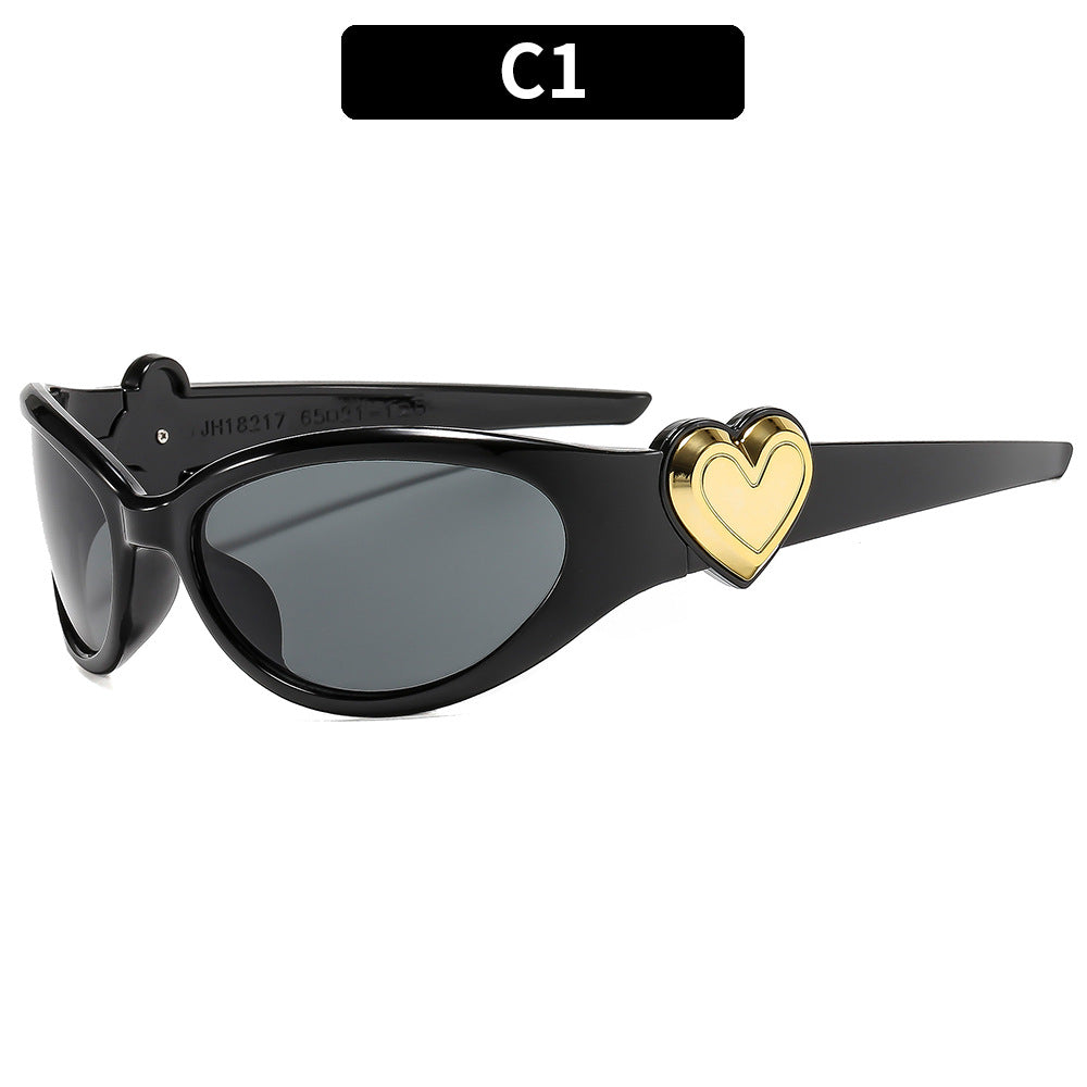 Trendy Oval Frame Sunglasses with Pink Heart Decoration