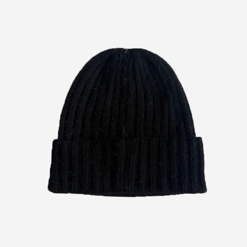 Classic Striped Knit Rabbit Fur Blend Beanie Hat