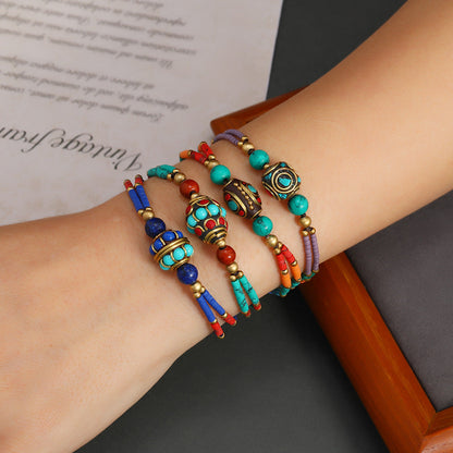 Bohemian Retro Nepalese Pearl Turquoise Frosted Stone Simple Multi-Color Beaded Hand Woven Bracelet