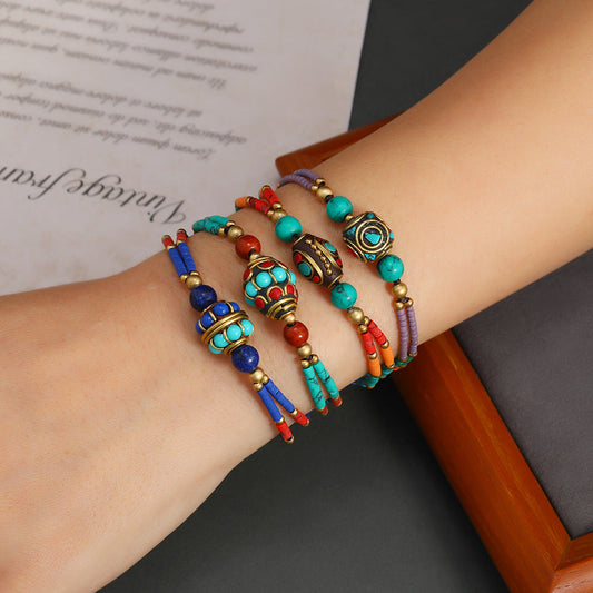 Bohemian Retro Nepalese Pearl Turquoise Frosted Stone Simple Multi-Color Beaded Hand Woven Bracelet