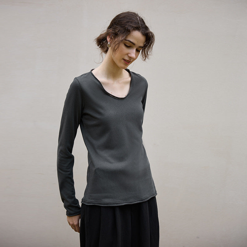Classic U-Neck Long Sleeve Knit Top in Cotton-Linen Blend