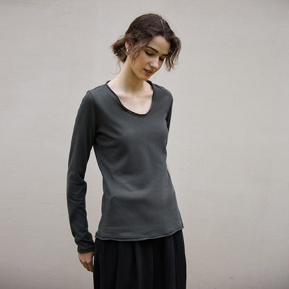 Classic U-Neck Long Sleeve Knit Top in Cotton-Linen Blend