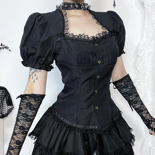 Vintage Lace Trim Short Sleeve Blouse for Ladies