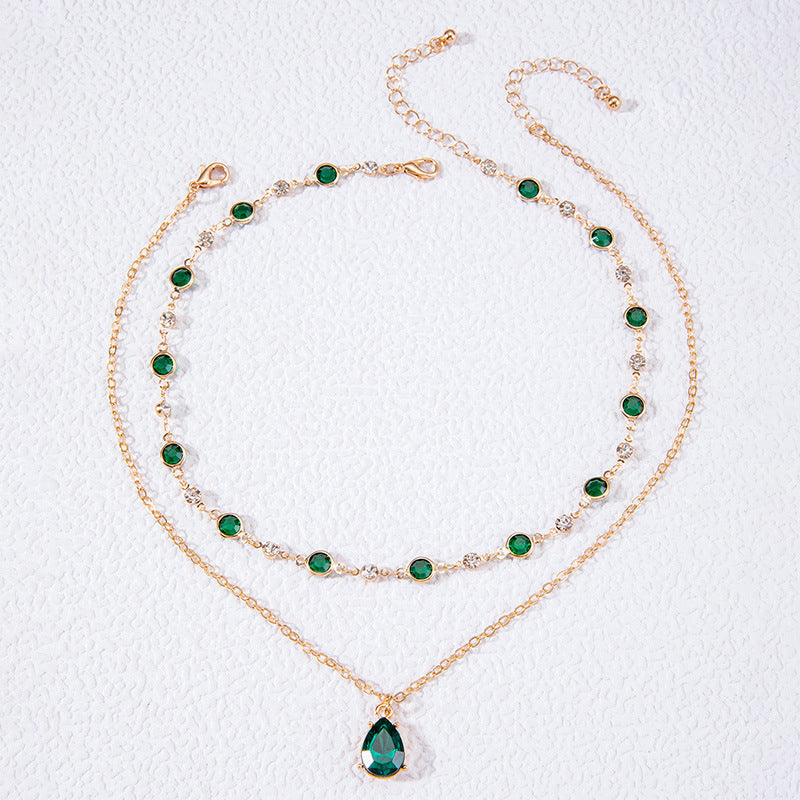 Fashionable Vintage Green Drop Pendant Layered Y-Necklace