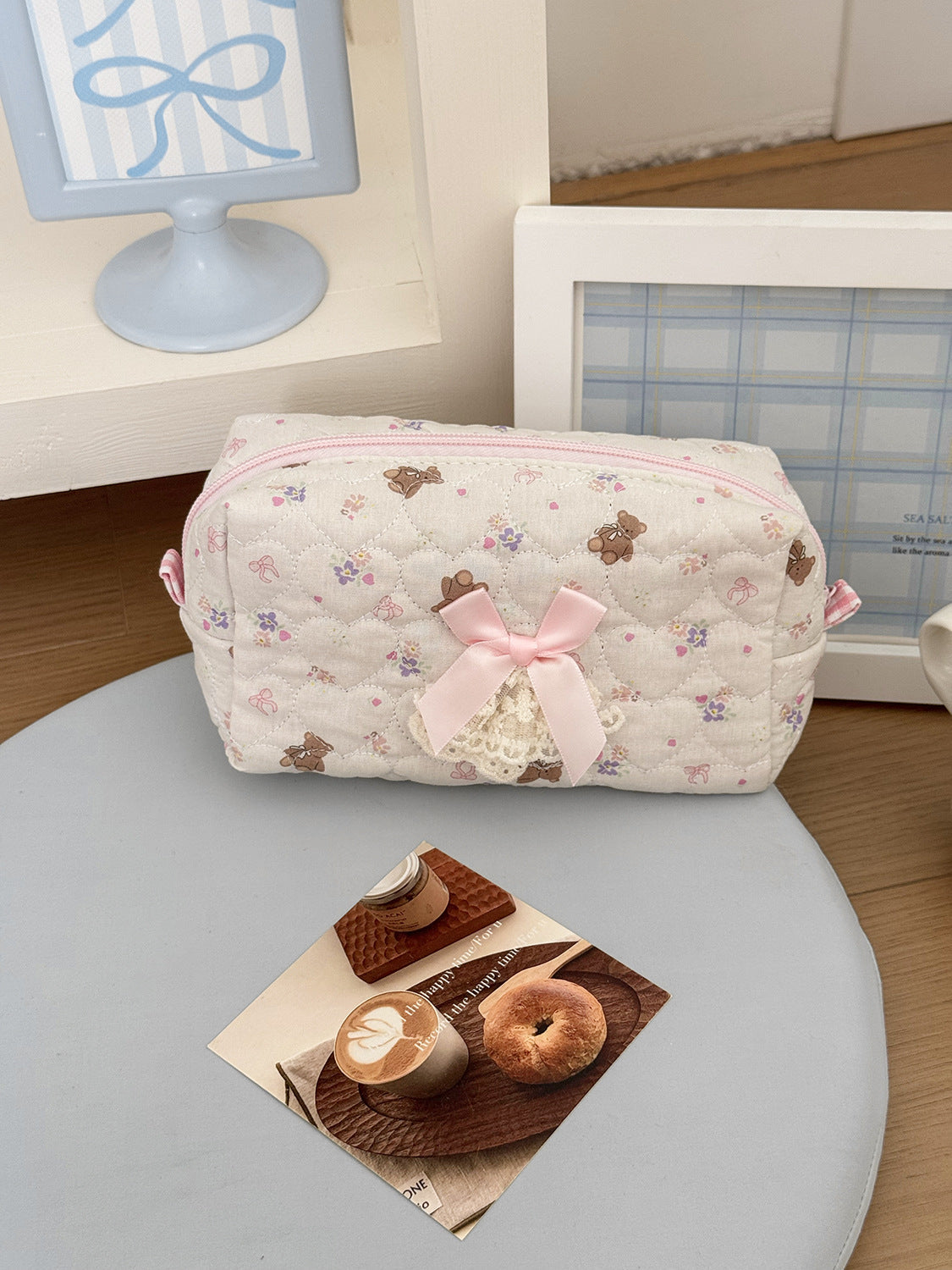 Cute Bear Heart Storage Bag Quilted Design Lightweight Pencil Case