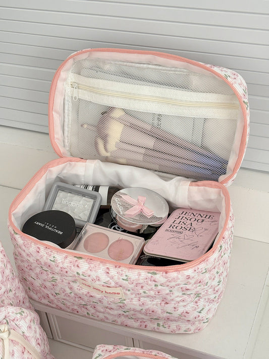 Flower Pattern Velvet Makeup Bag Cute Portable Travel Case