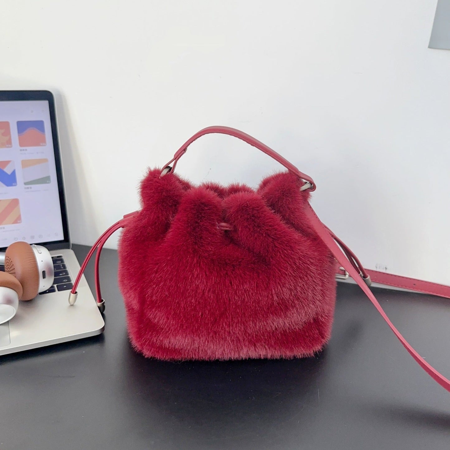 Fuzzy Soft Trendy Drawstring Bucket Crossbody Bag
