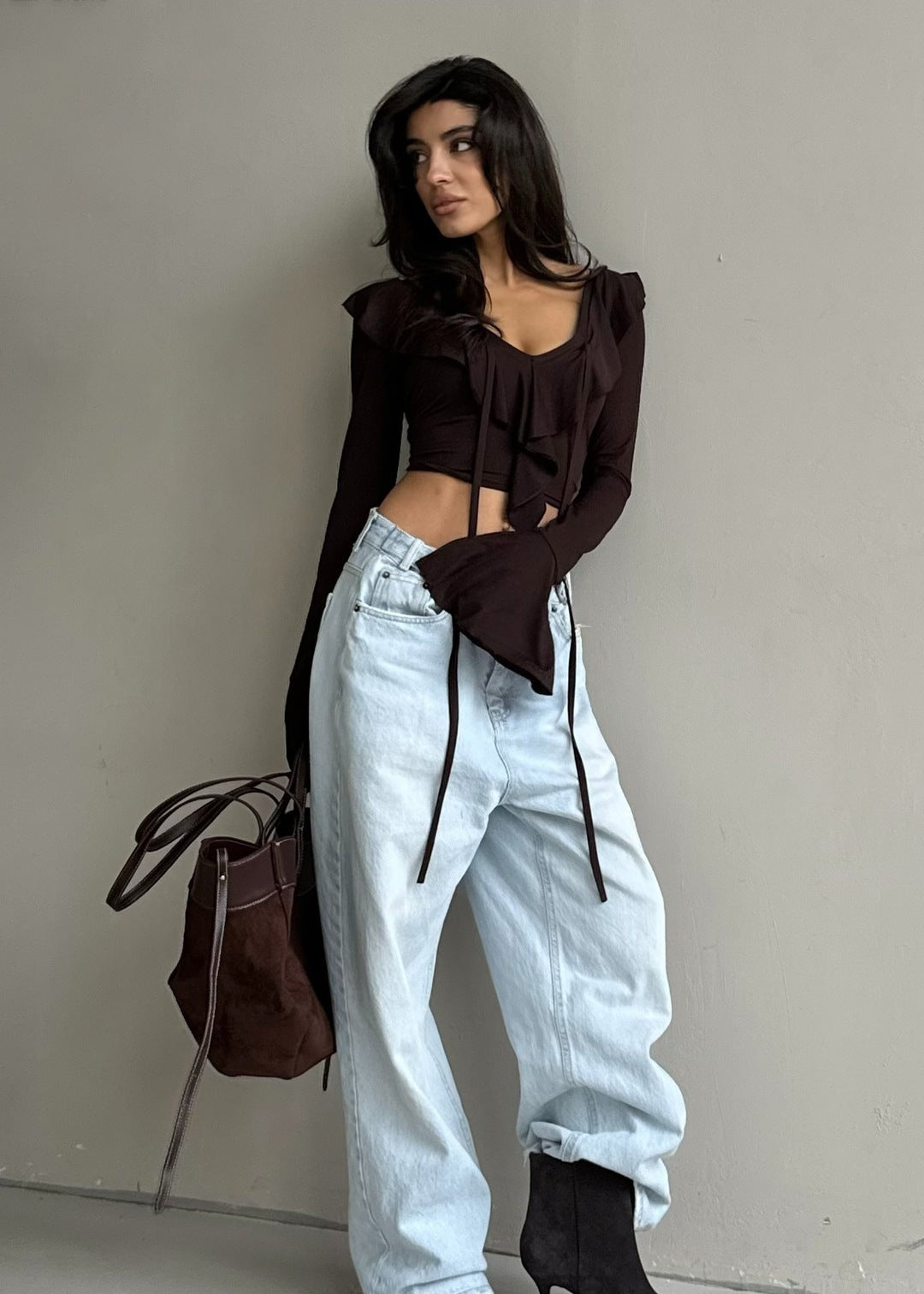 Ruffled Tie Front Long Sleeve Stretch Top