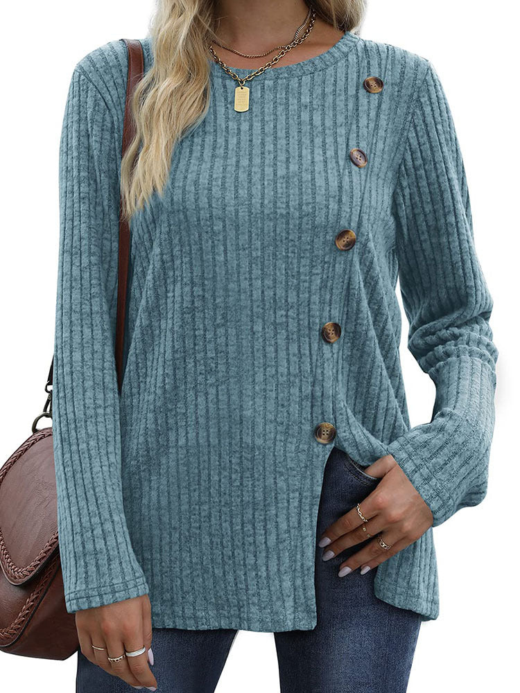 Button Up T-Shirt For Women'S New Fashion Autumn Casual Solid Color Long Sleeved T-Shirt For Women