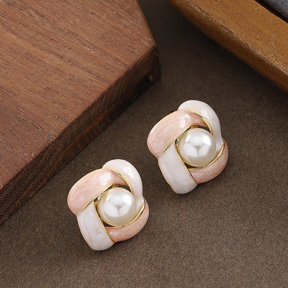 Elegant French Enamel Drip Glaze Floral Pearl Stud Earrings