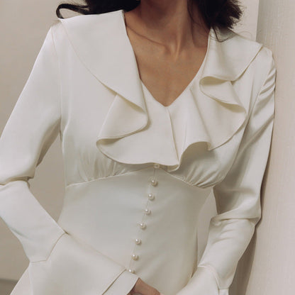 French Style Ruffled V Neck Long Sleeve Dress