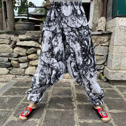 Ethnic Style Summer Men'S And Women'S Same Large Crotch Pants Cotton And Linen Printed Casual Lantern Trousers