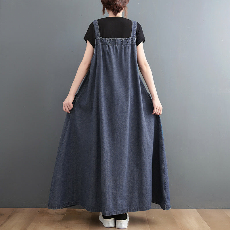 Spring/Summer New Loose Slim Denim Slim Strap Long Dress Large Swing Dress