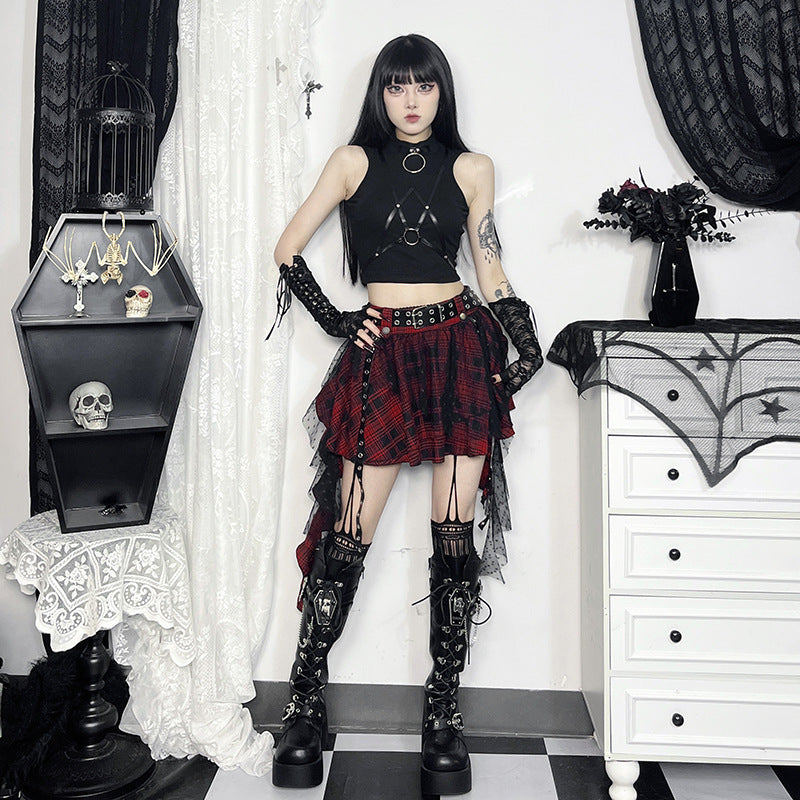 Black Checkered Polka Dot Mesh Mini Skirt