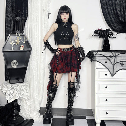 Black Checkered Polka Dot Mesh Mini Skirt