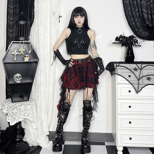 Black Checkered Polka Dot Mesh Mini Skirt
