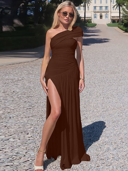 Sleeveless Asymmetrical Midi Dress in Brown and Light Yellow