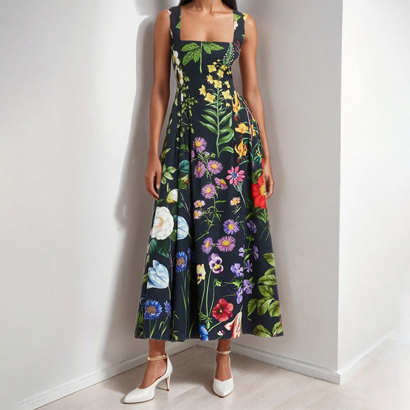 Elegant Floral Print Backless Maxi Dress
