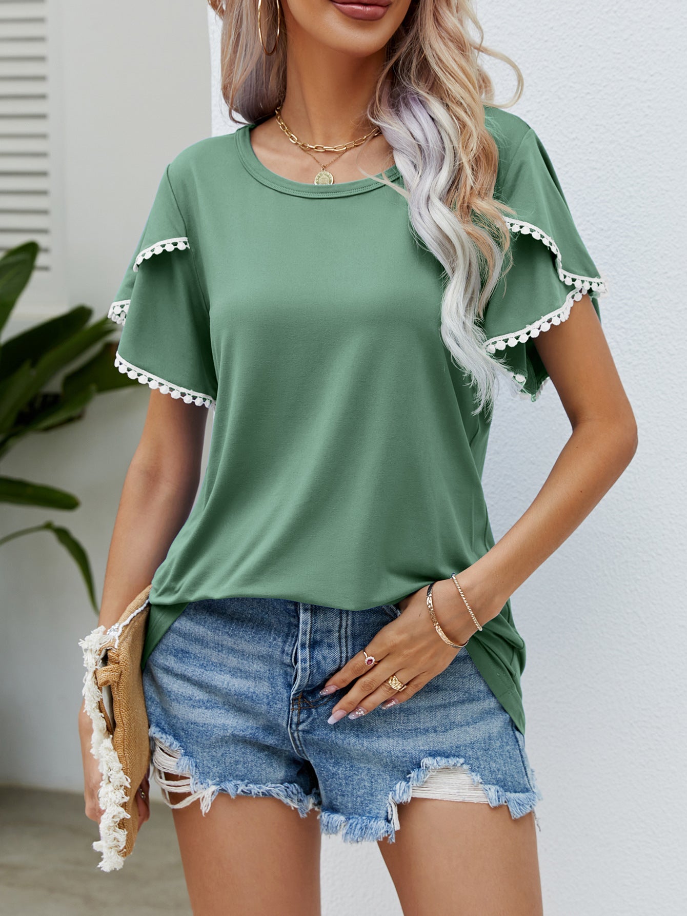 Summer New Round Neck Fringed Tulip Sleeve T-Shirt Casual Top Woman