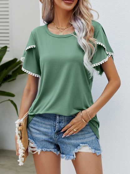 Summer New Round Neck Fringed Tulip Sleeve T-Shirt Casual Top Woman