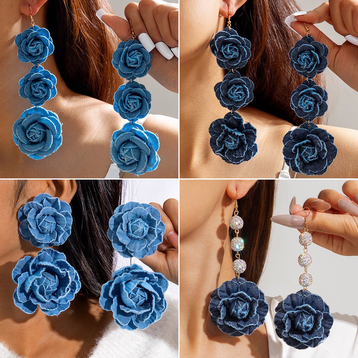 Trendy Floral Denim Tassel Earrings