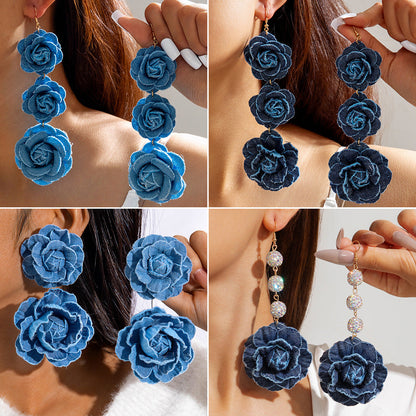 Trendy Floral Denim Tassel Earrings