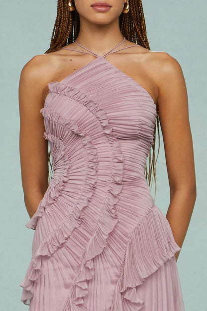 Flounce Pleated Halter Irregular Midi Dress