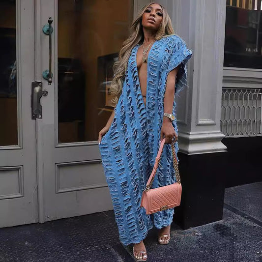 Loose Fit Denim Jumpsuit With Deep V Neck For Women