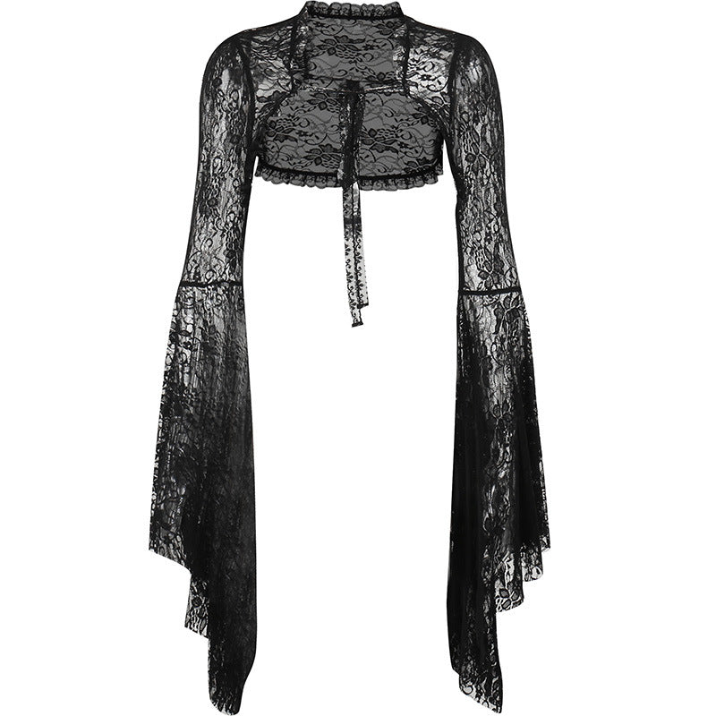 Chic Black Lace Crop Top with Flare Sleeves