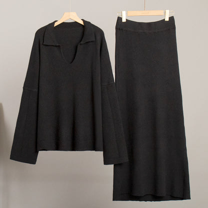 Fashionable V-Neck Knit Sweater And Skirt Set