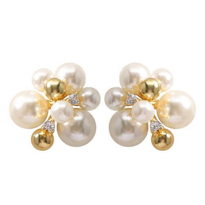 French Elegant Pearl Floral Stud Earrings For Women