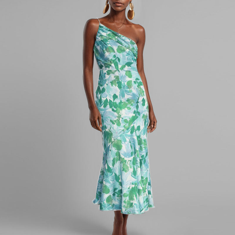 Elegant A-Line Print Midi Dress with Sleeveless Design