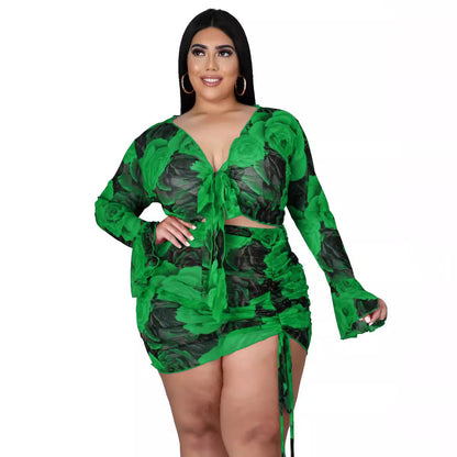 Floral Print Two-Piece Set With Drawstring Long Sleeve Polyester
