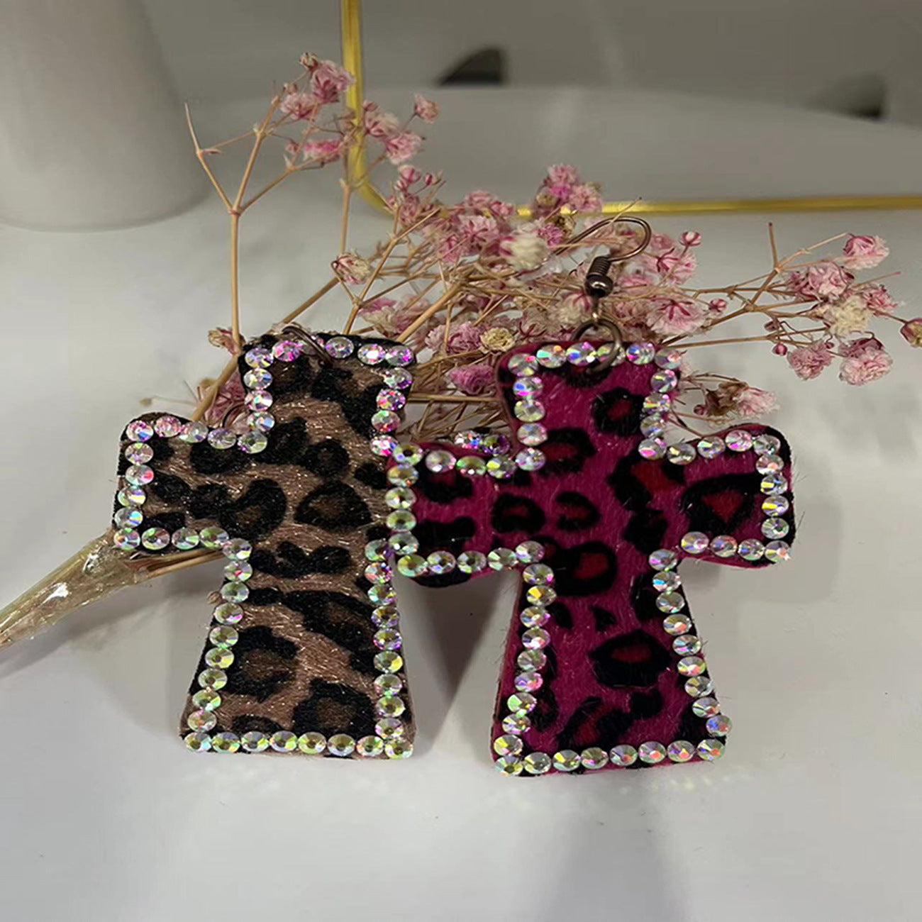 Trendy Y2K Cross Earrings Genuine Leather Leopard Print Geometric Style