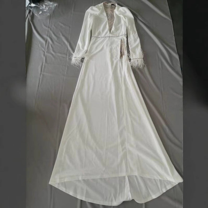 Vintage Sequin One-Shoulder V-Neck Maxi Dress
