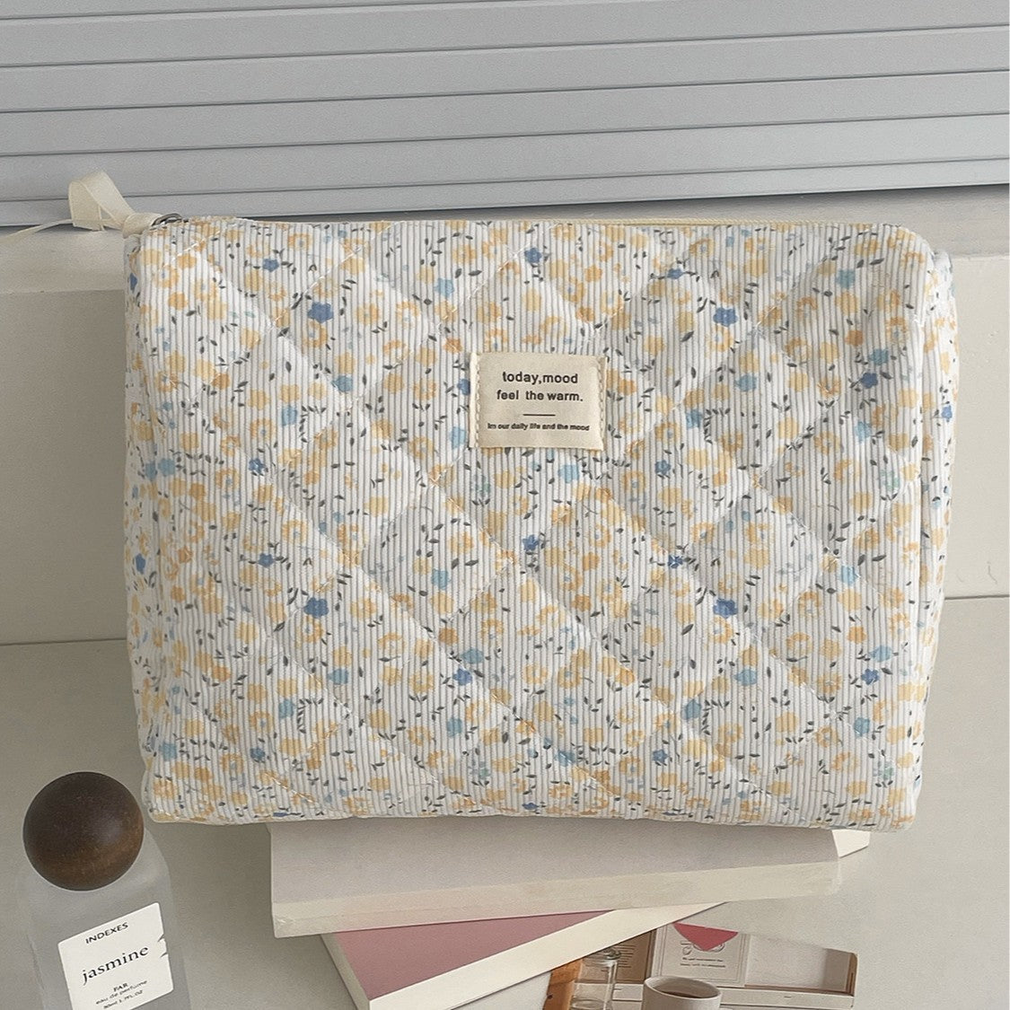 Cute Corduroy Flower Print Travel Makeup Bag