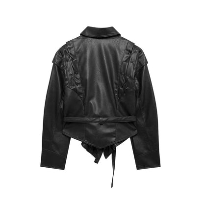 Cool Lapel Drawstring Belt Leather Jacket
