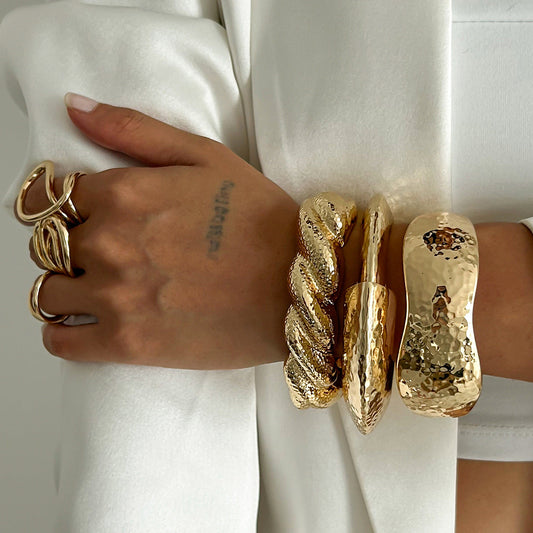 Exaggerated Wide Hammered Finish Bangle Bracelet Set
