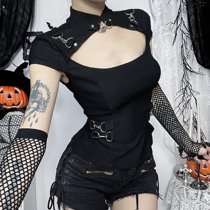 Trendy Dark Aesthetic Long Sleeve T-Shirt with Metal Lock Detailing