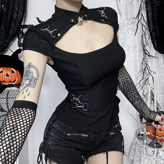 Trendy Dark Aesthetic Long Sleeve T-Shirt with Metal Lock Detailing