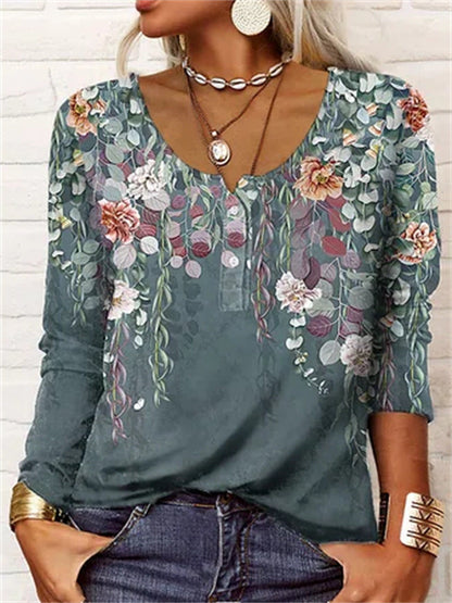 Autumn And Winter Loose Long-Sleeved Geometric Floral U-Neck Button T-Shirt Women