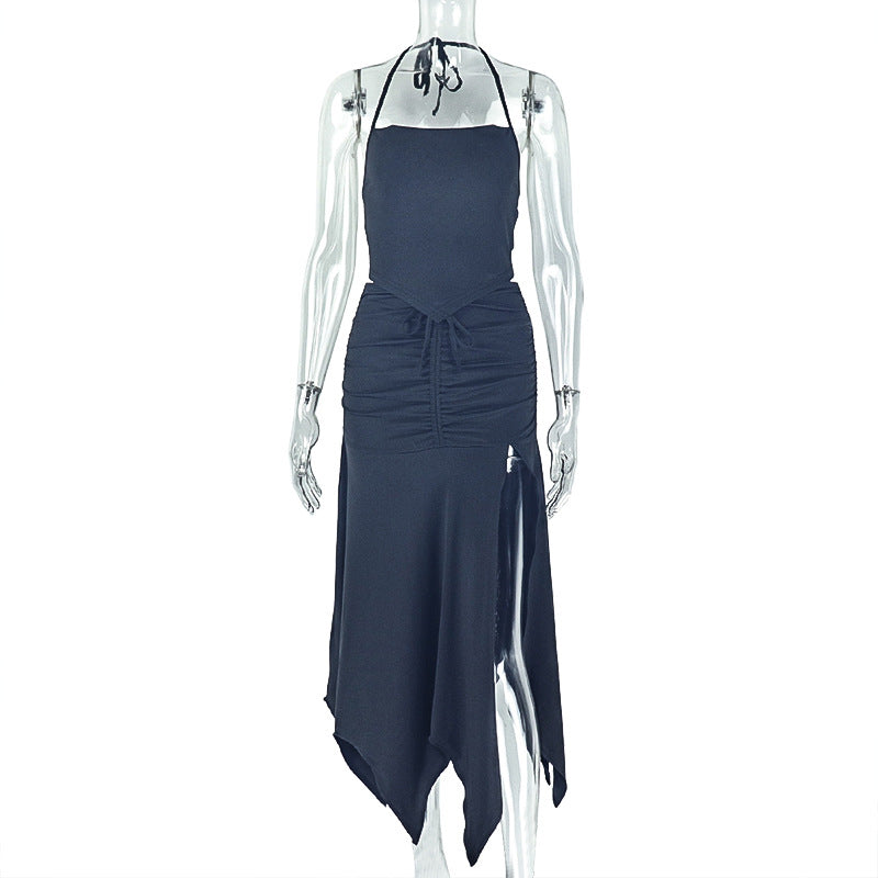 Chic Solid Color Two-Piece Dress Set With Pleated Neckline