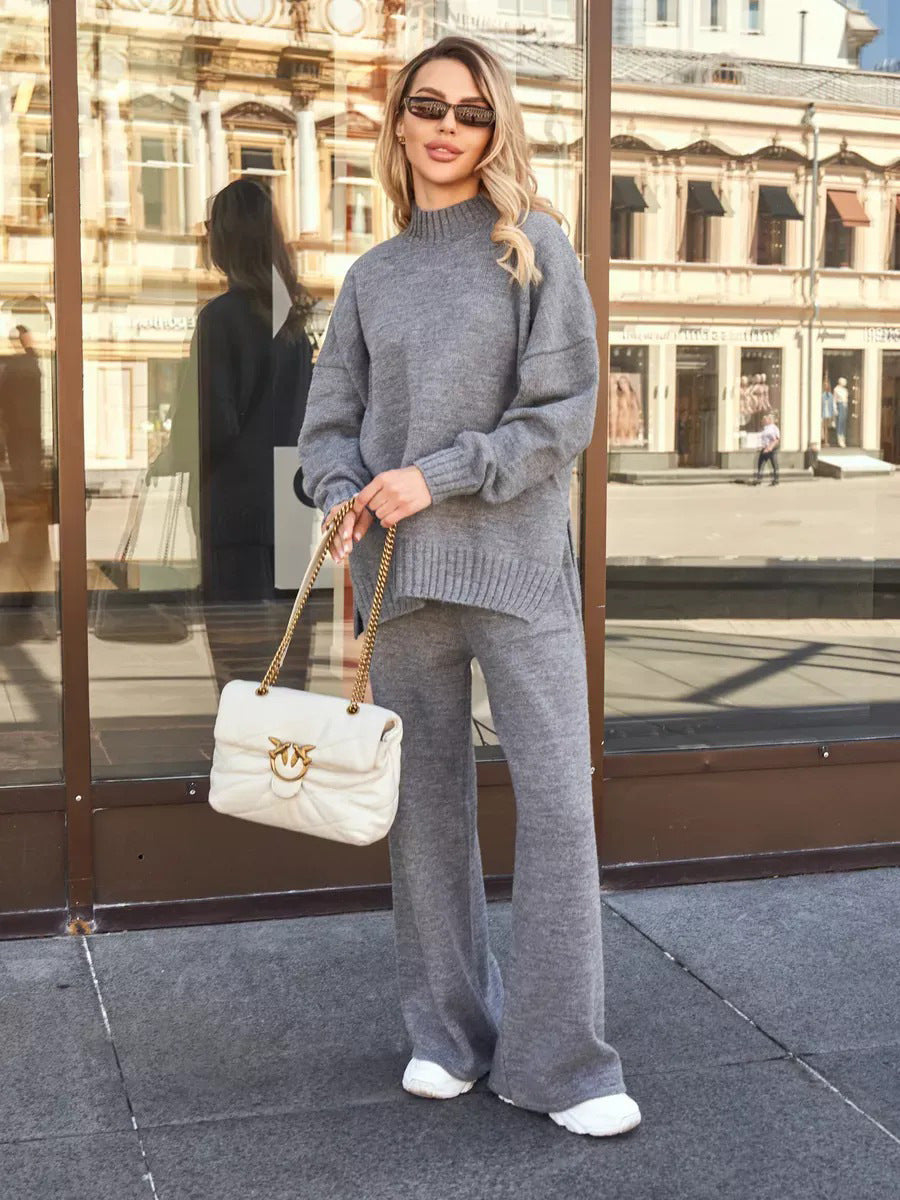 Women's Cozy Knitted High Neck Sweater Set in Solid Gray